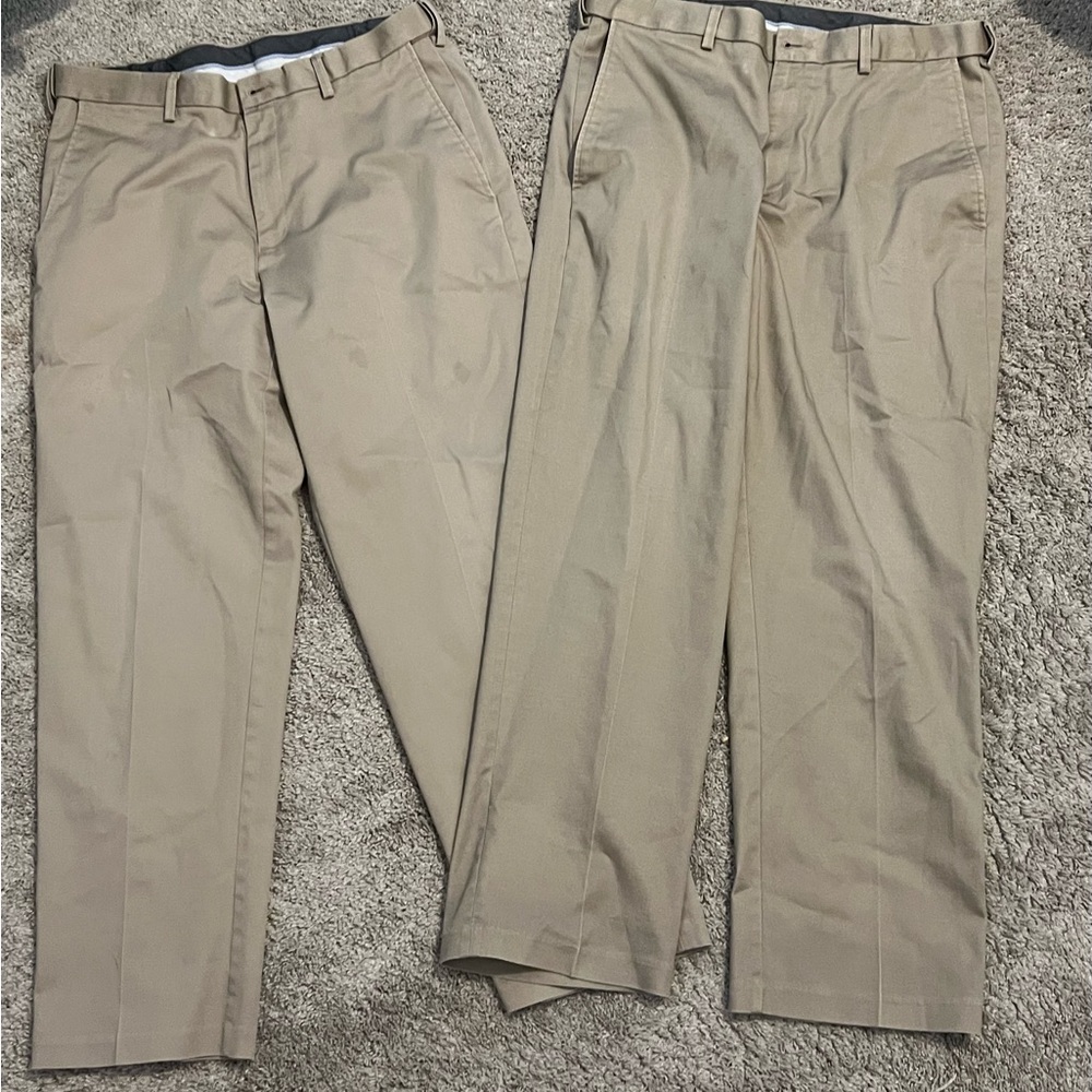 Lot of 2 Haggar Pants Men's Size 34x29 Khaki Polyester Straight Leg Comfort